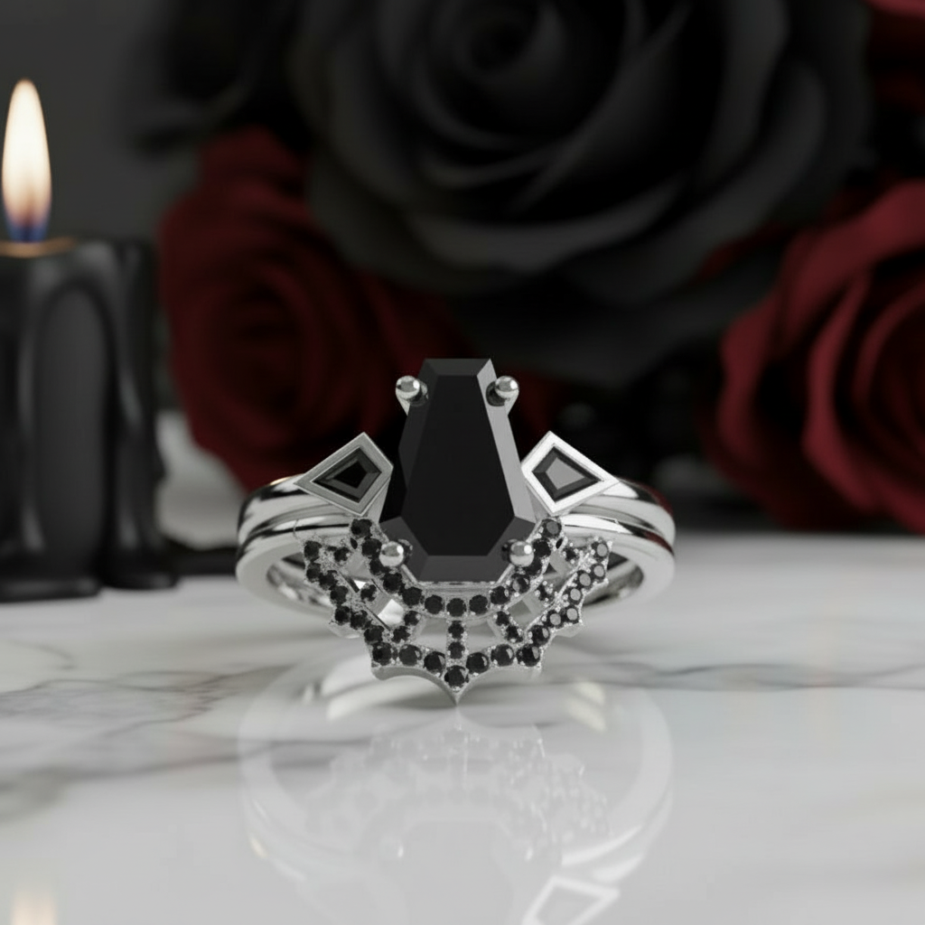 LOVE SPELL- Coffin Cut Diamond Spider Web Gothic Wedding Ring Set-Black Diamonds New York
