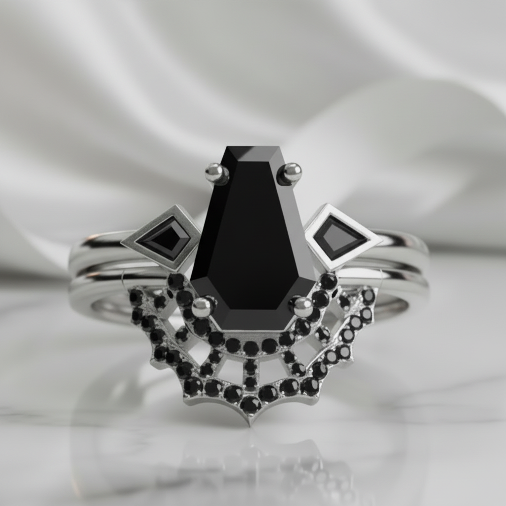 LOVE SPELL- Coffin Cut Diamond Option Spider Web Gothic Wedding Ring Set-Black Diamonds New York