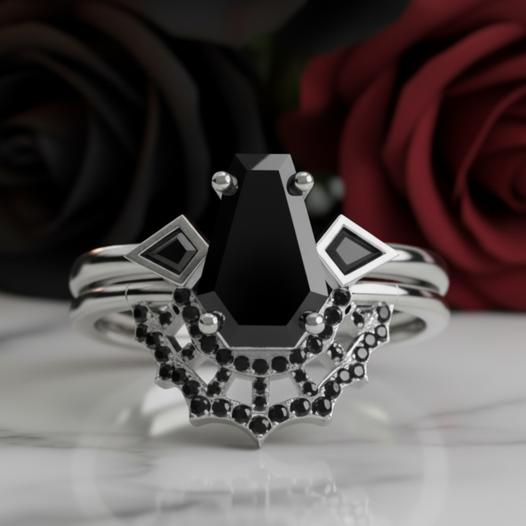 LOVE SPELL- Coffin Cut Diamond Option Spider Web Gothic Wedding Ring Set-Black Diamonds New York