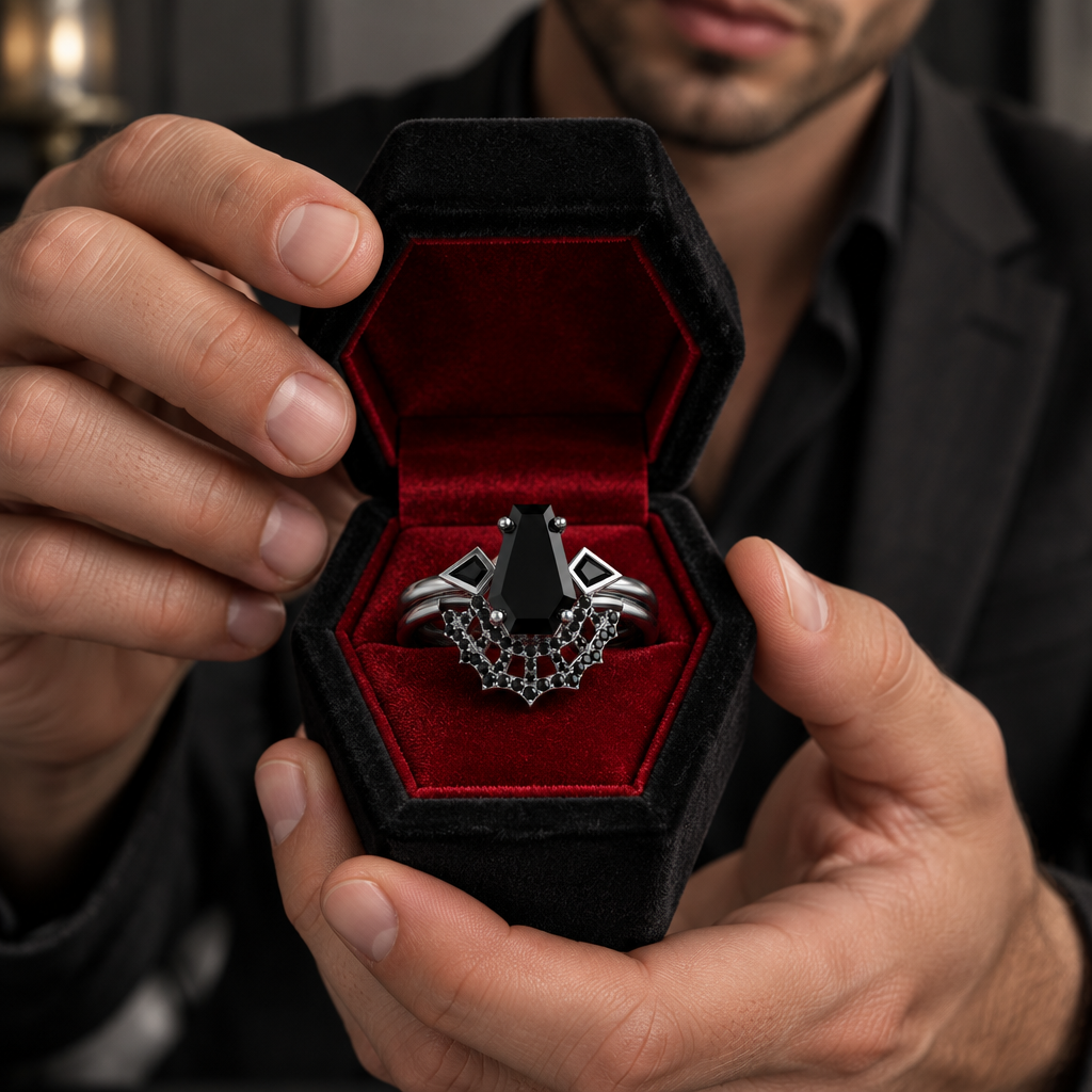 LOVE SPELL- Coffin Cut Diamond Option Spider Web Gothic Wedding Ring Set-Black Diamonds New York