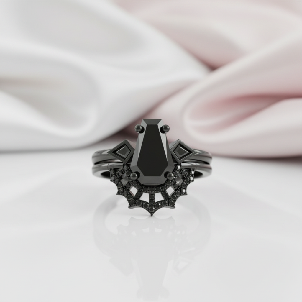LOVE SPELL- Coffin Cut Diamond Spider Web Gothic Wedding Ring Set-Black Diamonds New York
