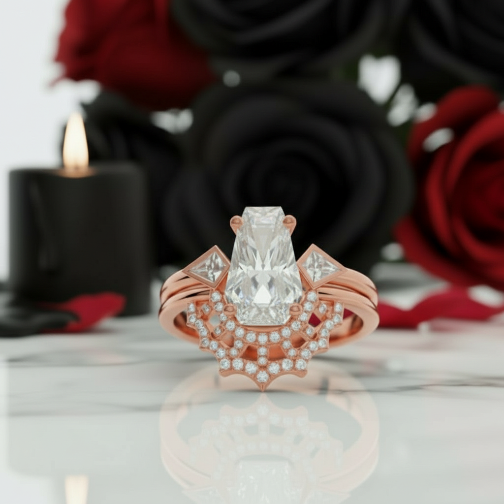 LOVE SPELL- Coffin Cut Diamond Spider Web Gothic Wedding Ring Set-Black Diamonds New York