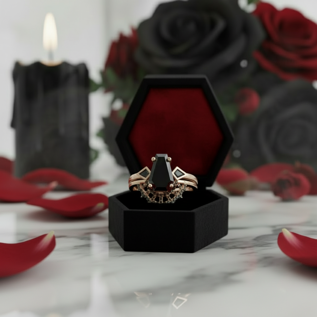 LOVE SPELL- Coffin Cut Diamond Spider Web Gothic Wedding Ring Set-Black Diamonds New York