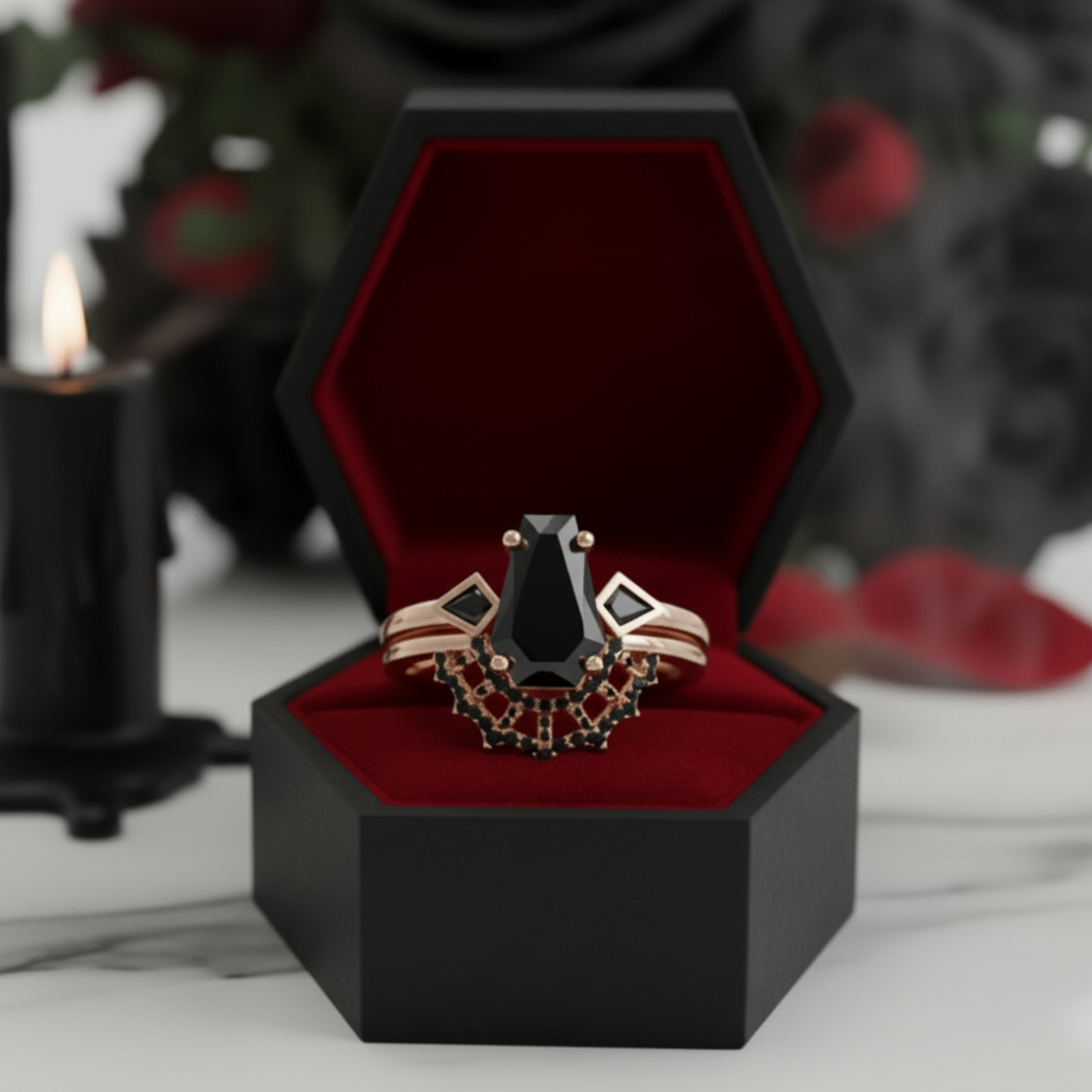 LOVE SPELL- Coffin Cut Diamond Option Spider Web Gothic Wedding Ring Set-Black Diamonds New York
