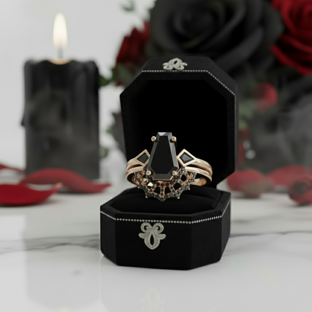 LOVE SPELL- Coffin Cut Diamond Spider Web Gothic Wedding Ring Set-Black Diamonds New York