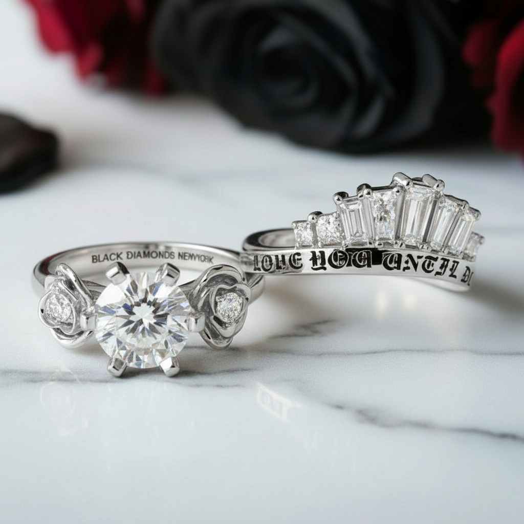 Love You Until Death Rings - 1.5 Ct Round Cut Diamond Engagement Rings in 14k White Gold-Black Diamonds New York