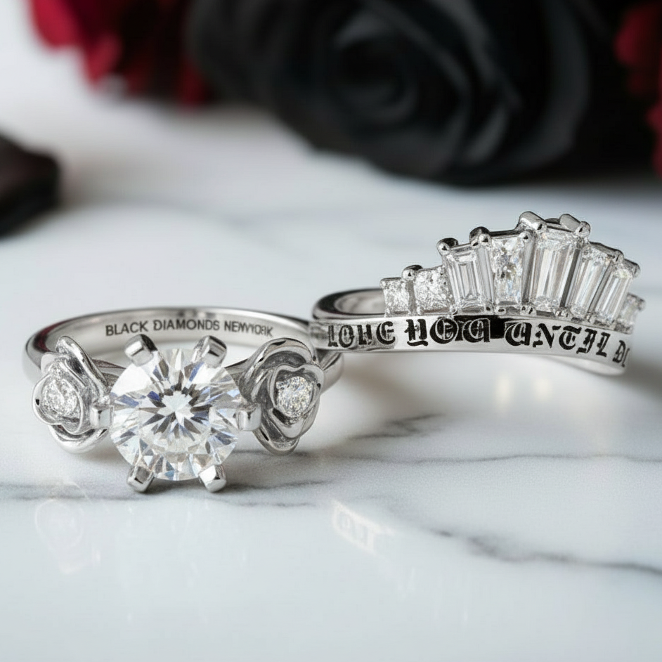 Love You Until Death Rings - 1.5 Ct Round Cut Diamond Option Engagement Rings in 14k White Gold-Black Diamonds New York