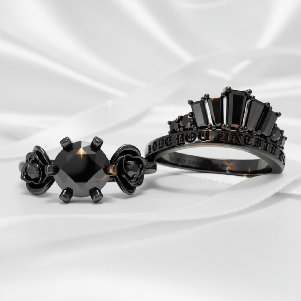 Love You Until Death Rings - 1.5 Ct Round Cut Diamond Option Engagement Rings in 14k White Gold-Black Diamonds New York