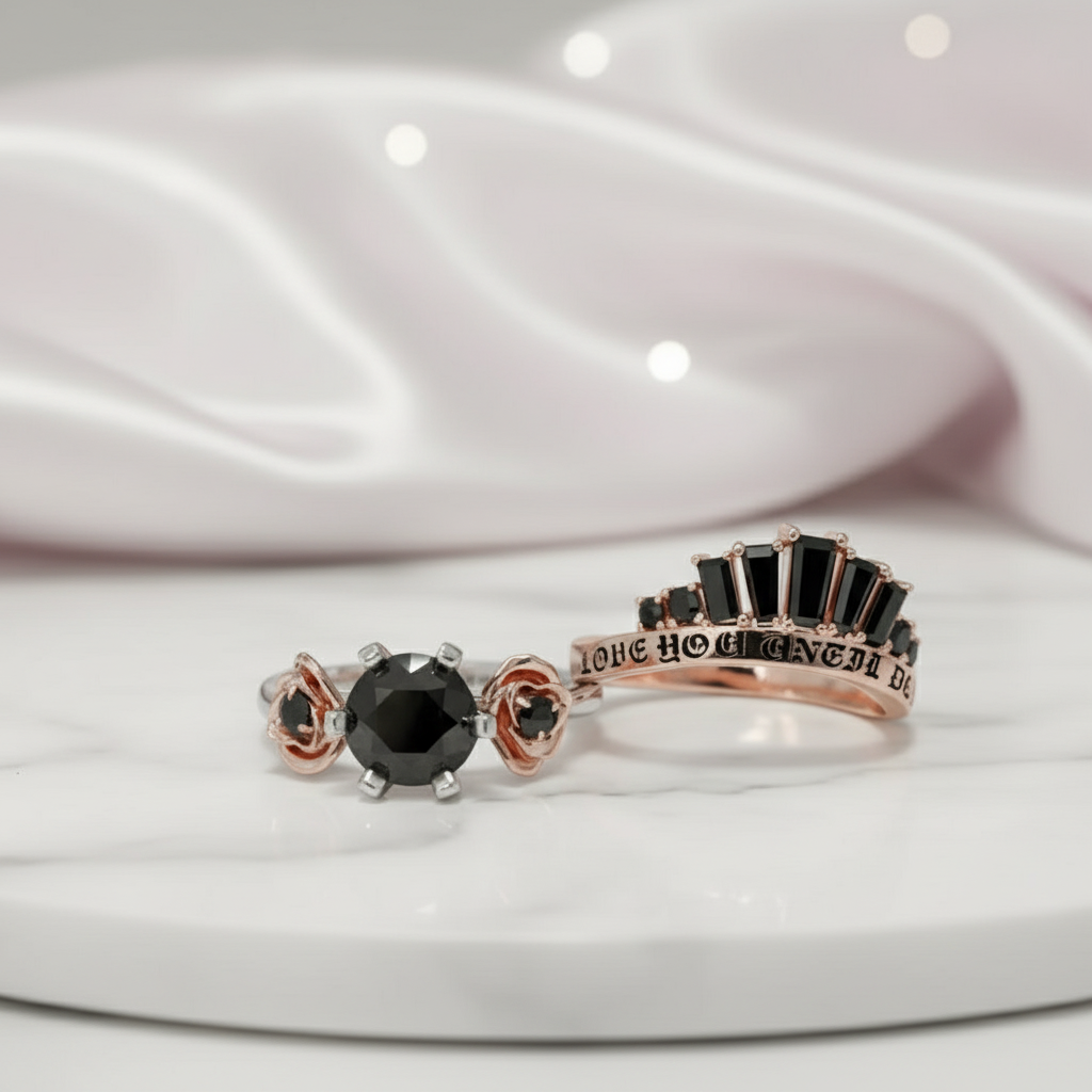 Love You Until Death Rings - 1.5 Ct Round Cut Diamond Engagement Rings in 14k White Gold-Black Diamonds New York