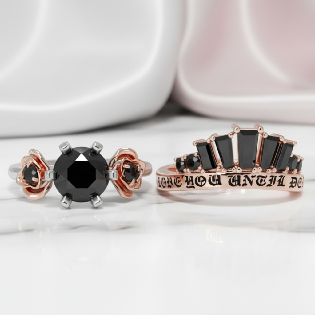 Love You Until Death Rings - 1.5 Ct Round Cut Diamond Option Engagement Rings in 14k White Gold-Black Diamonds New York