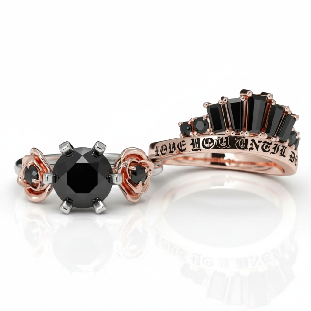 Love You Until Death Rings - 1.5 Ct Round Cut Diamond Option Engagement Rings in 14k White Gold-Black Diamonds New York