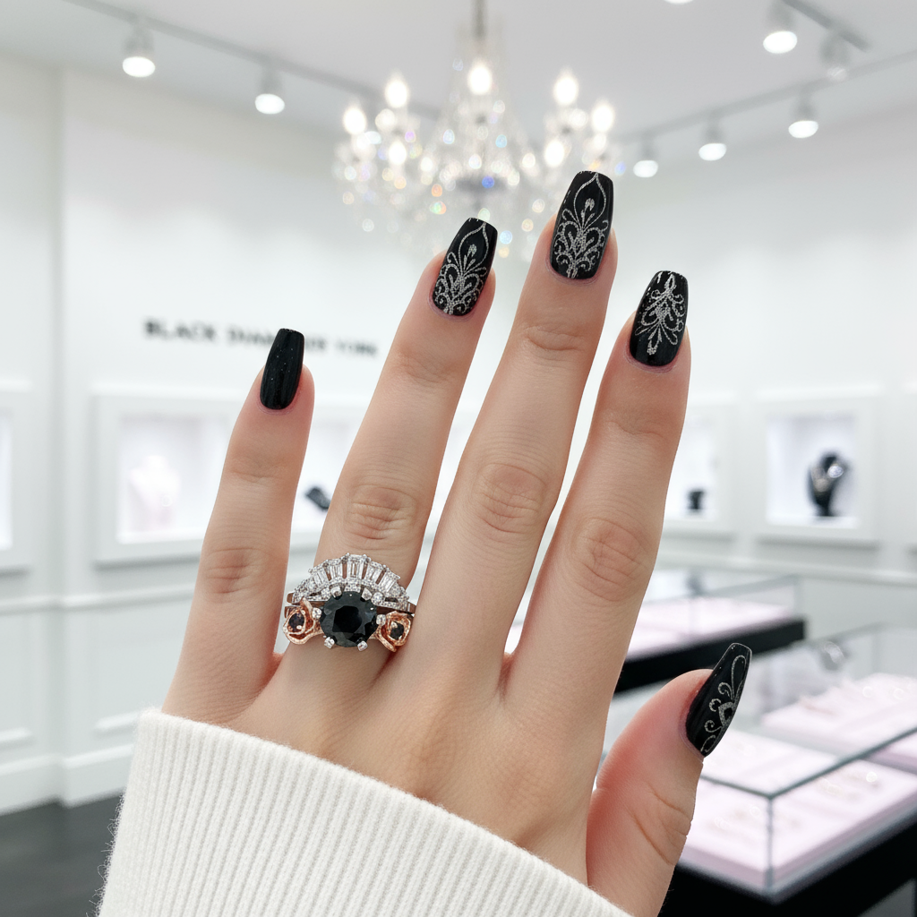 Love You Until Death Rings - 1.5 Ct Round Cut Diamond Option Engagement Rings in 14k White Gold-Black Diamonds New York