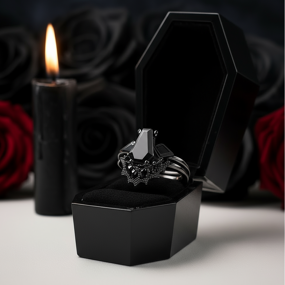 LOVE SPELL- Coffin Cut Diamond Spider Web Gothic Wedding Ring Set-Black Diamonds New York