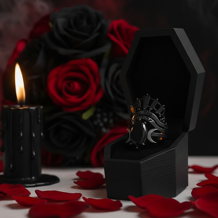 Always and Forever Promise Rings - Oval Cut Diamond Gothic Bridal Set in 14K Rose Gold-Black Diamonds New York