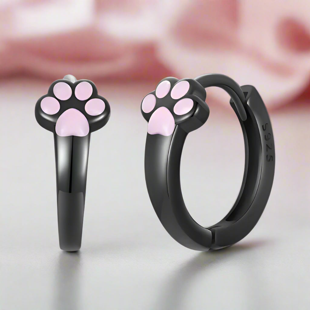 Lovely Black Hoop Earrings with Pink Cat Paw-Black Diamonds New York