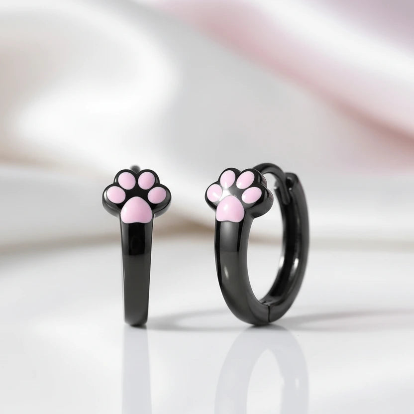 Lovely Black Hoop Earrings with Pink Cat Paw-Black Diamonds New York