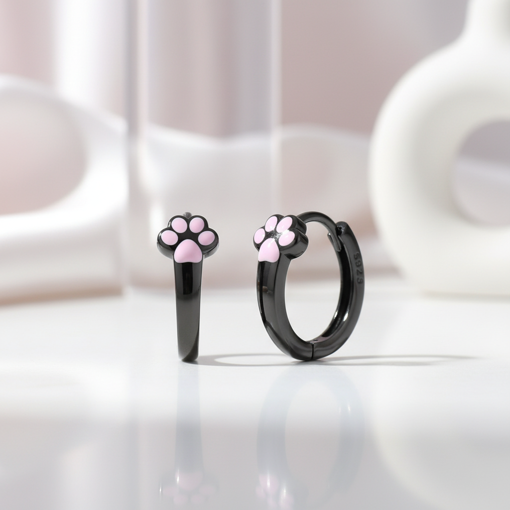 Lovely Black Hoop Earrings with Pink Cat Paw-Black Diamonds New York