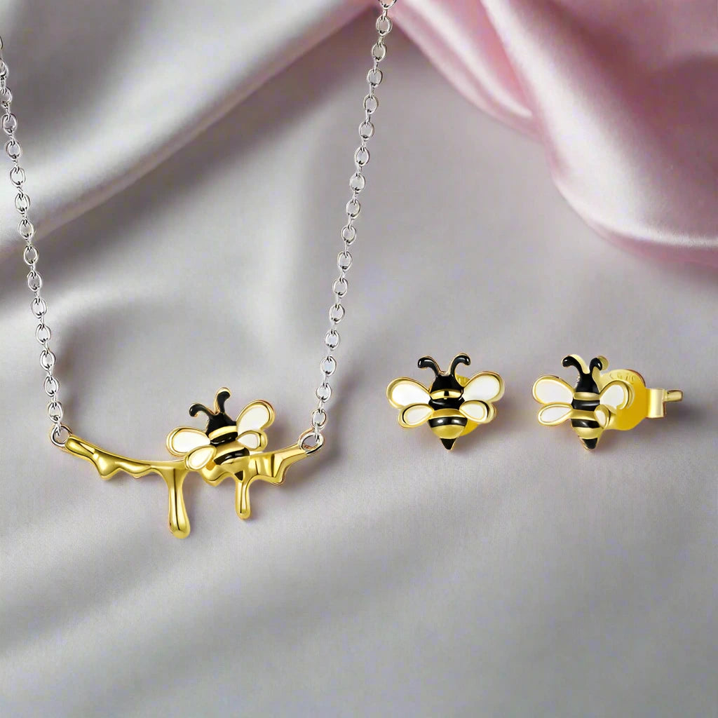 Lovely Honey Bee Necklace & Earrings Jewelry Set-Black Diamonds New York