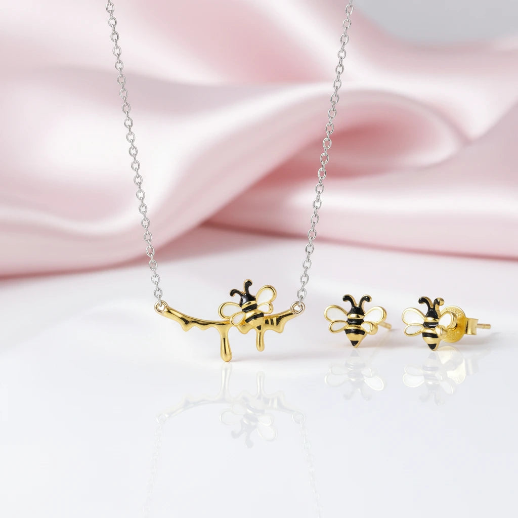 Lovely Honey Bee Necklace & Earrings Jewelry Set-Black Diamonds New York