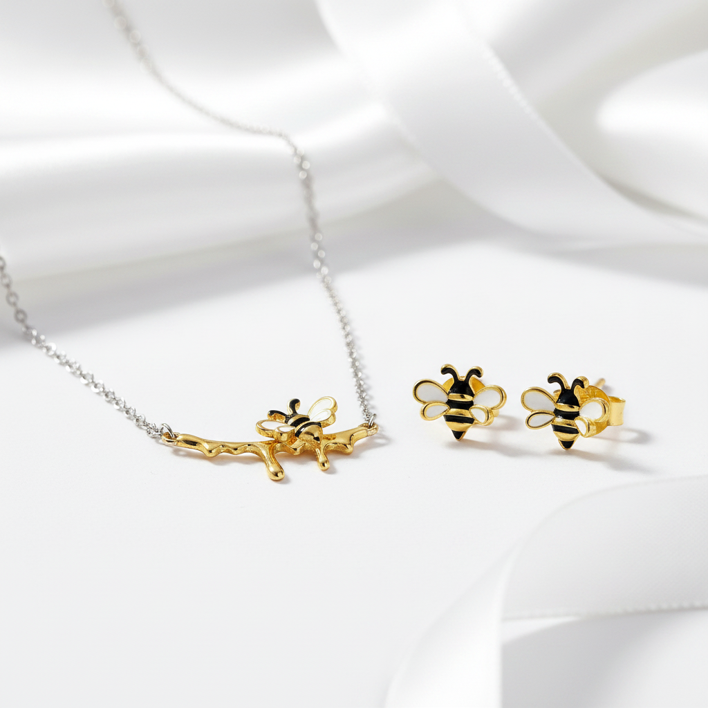 Lovely Honey Bee Necklace & Earrings Jewelry Set-Black Diamonds New York