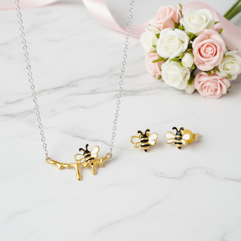 Lovely Honey Bee Necklace & Earrings Jewelry Set-Black Diamonds New York