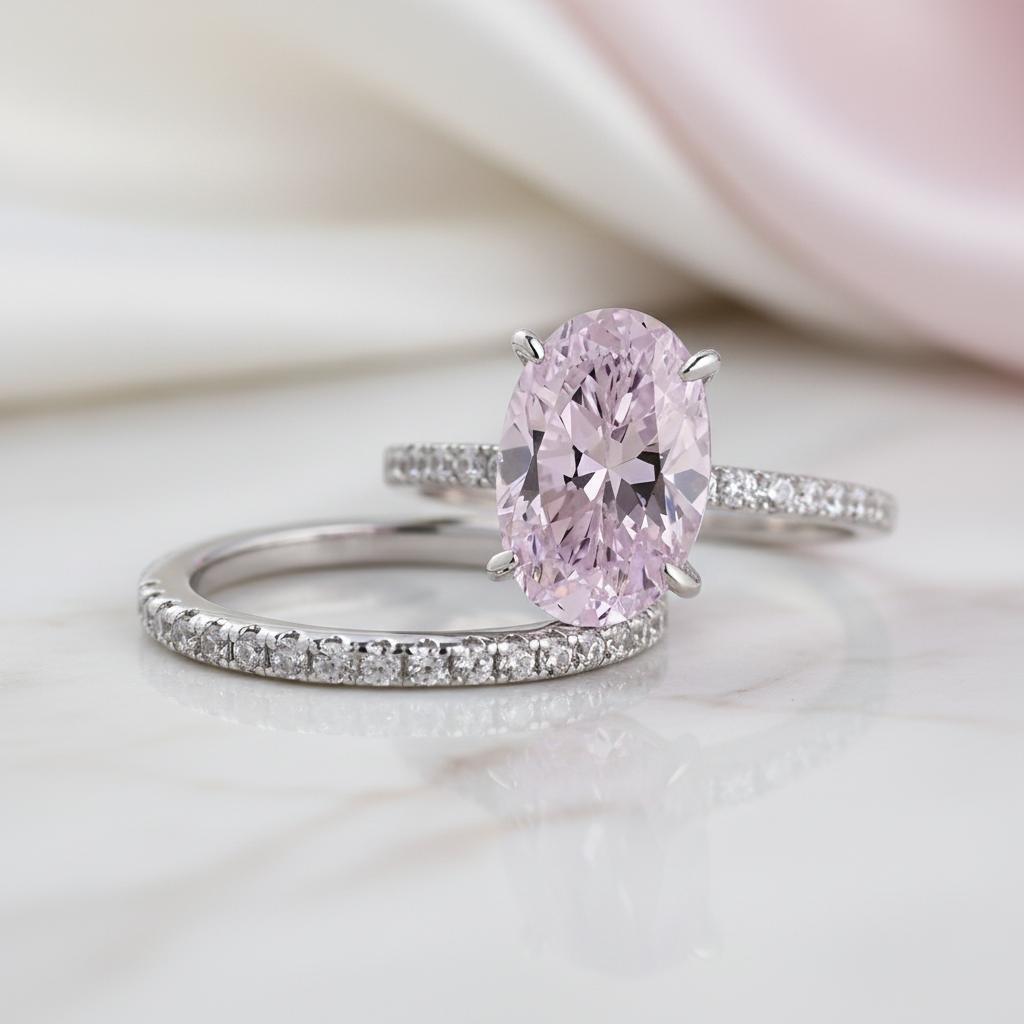 Lovely Oval Cut Pink Sapphire Wedding Ring Set-Black Diamonds New York