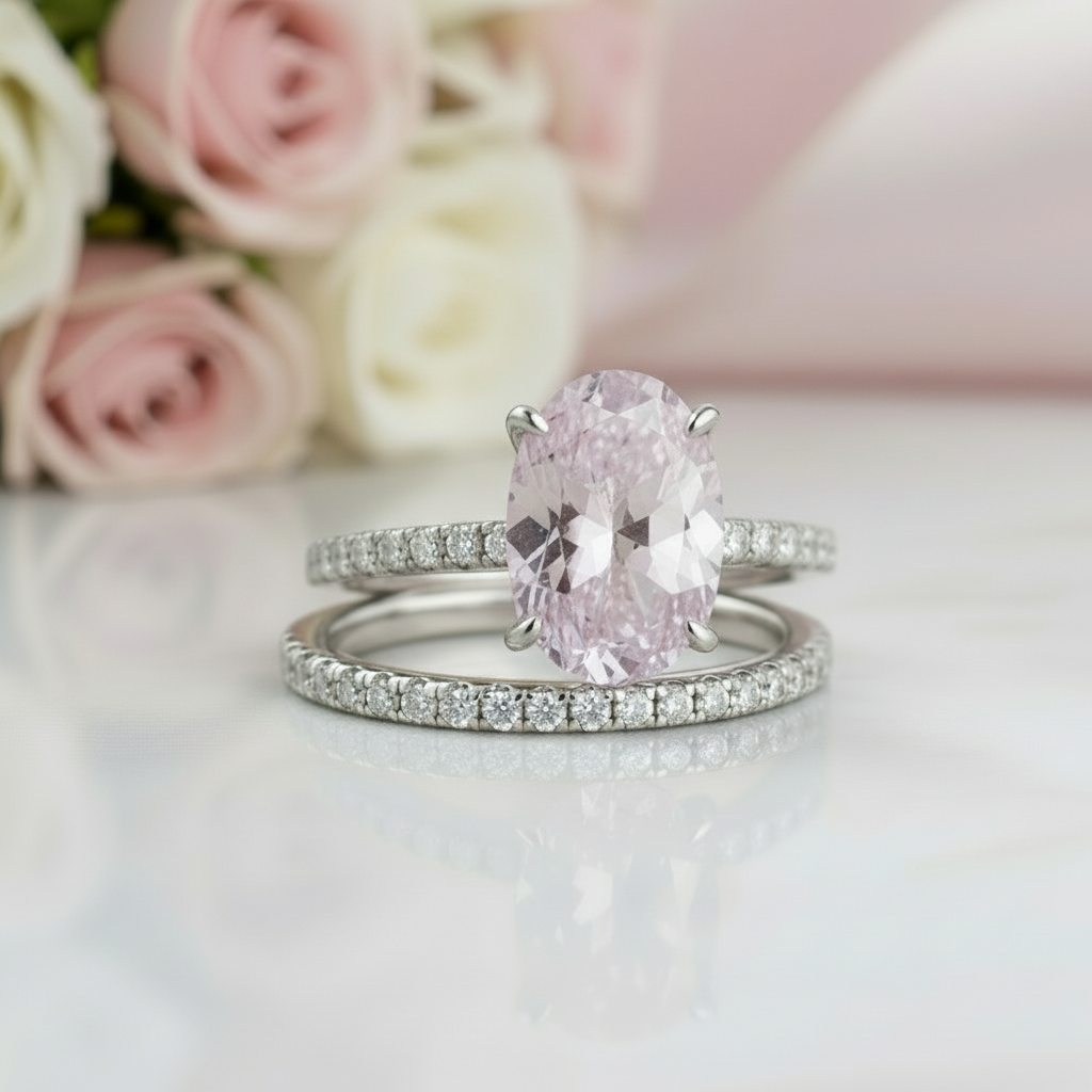 Lovely Oval Cut Pink Sapphire Wedding Ring Set-Black Diamonds New York