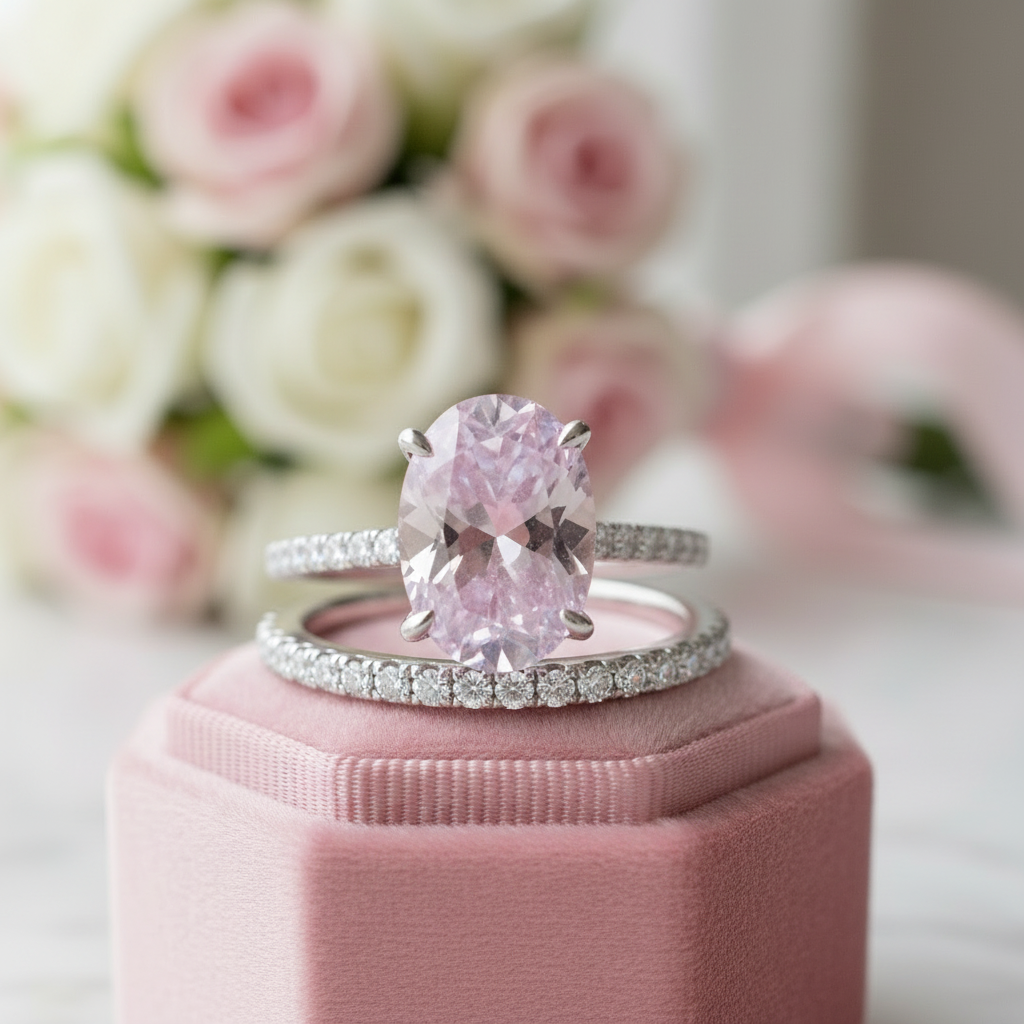 Lovely Oval Cut Pink Sapphire Wedding Ring Set-Black Diamonds New York