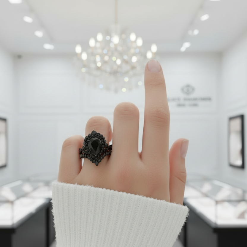 Loyalty Ring- 1ct Pear Cut Black Diamond Option Skull Ring Set-Black Diamonds New York