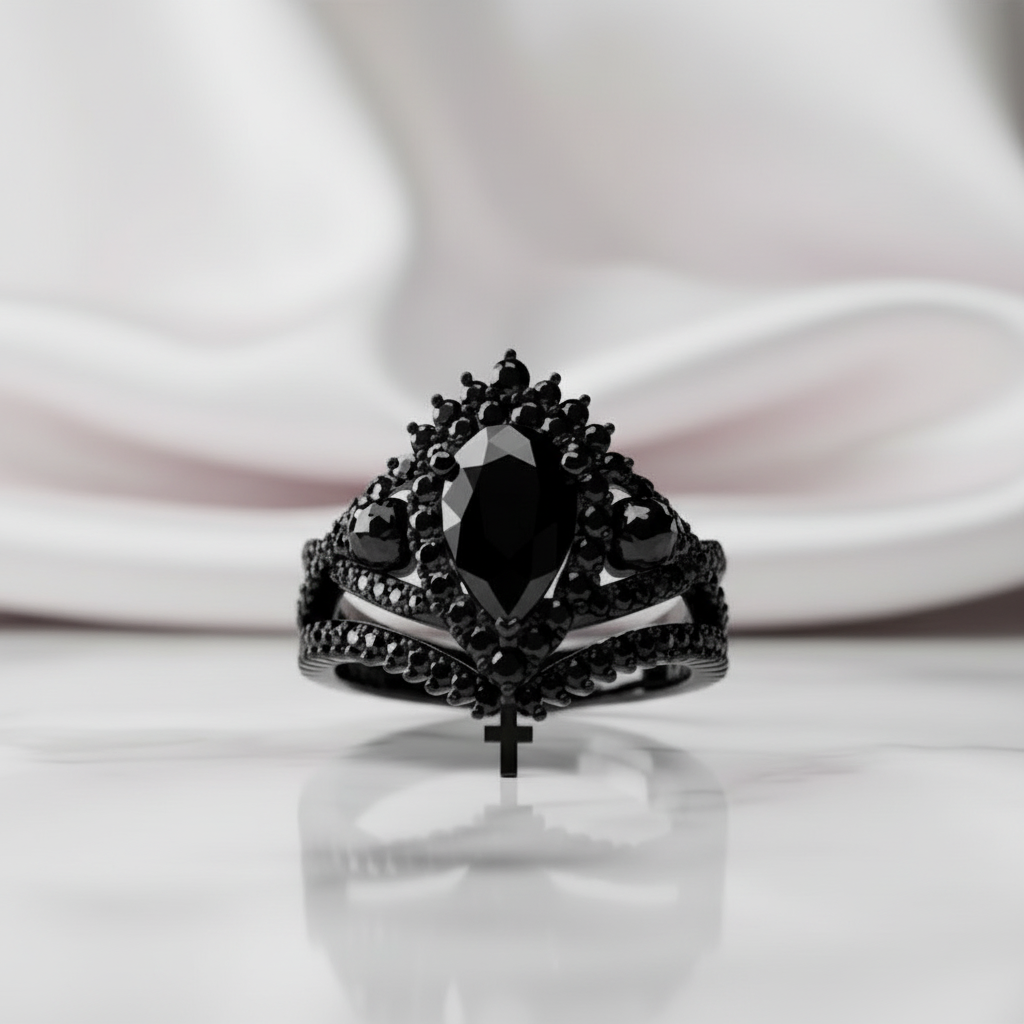 Loyalty Ring- 1ct Pear Cut Black Diamond Skull Ring Set-Black Diamonds New York
