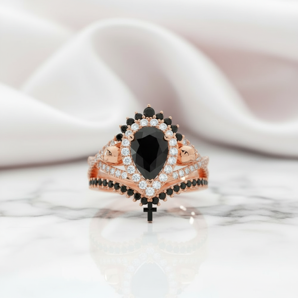 Loyalty Ring- 1ct Pear Cut Black Diamond Skull Ring Set-Black Diamonds New York
