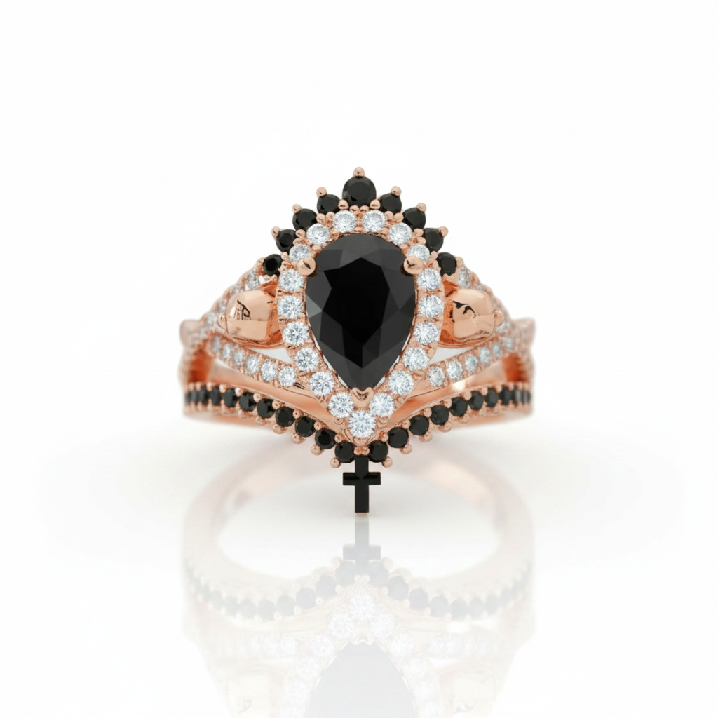 Loyalty Ring- 1ct Pear Cut Black Diamond Option Skull Ring Set-Black Diamonds New York