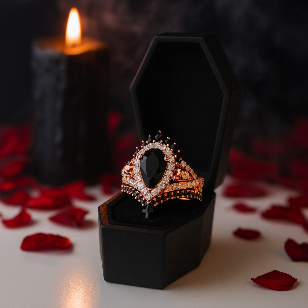 1ct Pear Cut Black Diamond Option Skull Ring Set-Black Diamonds New York