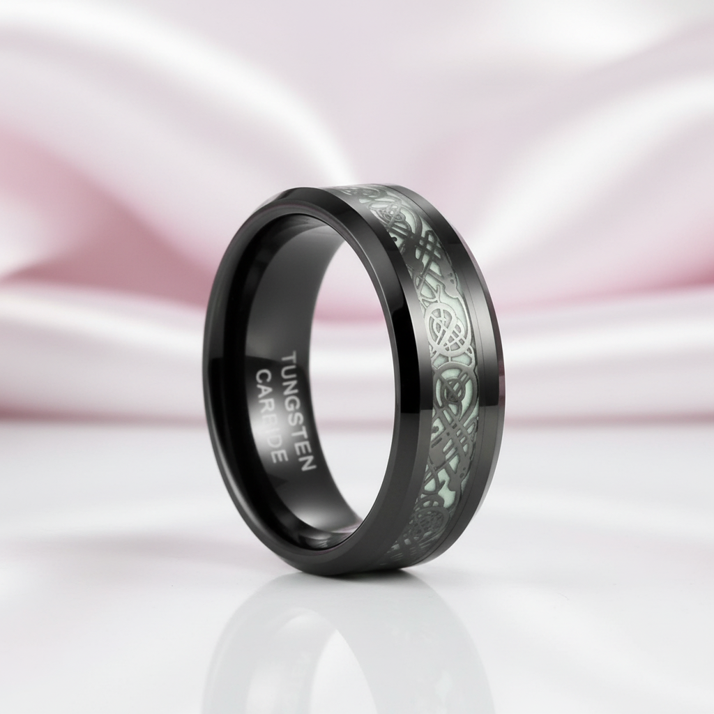 Luminous Dragon Inlay Men's Tungsten Wedding Band-Black Diamonds New York