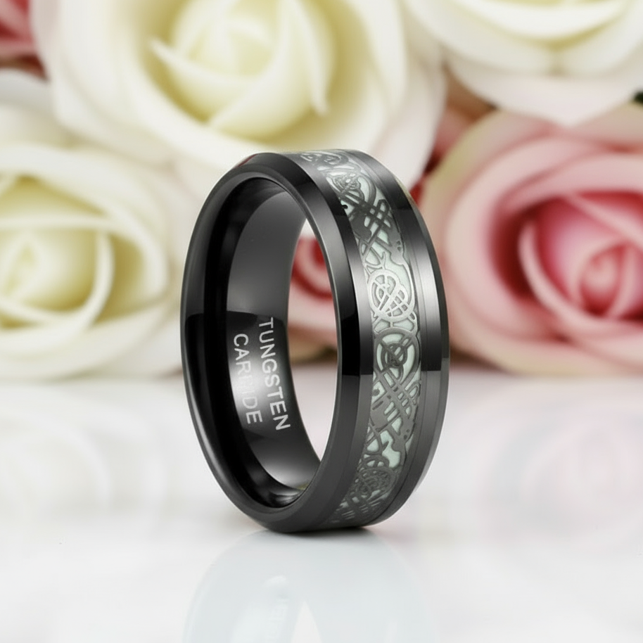 Luminous Dragon Inlay Men's Tungsten Wedding Band-Black Diamonds New York