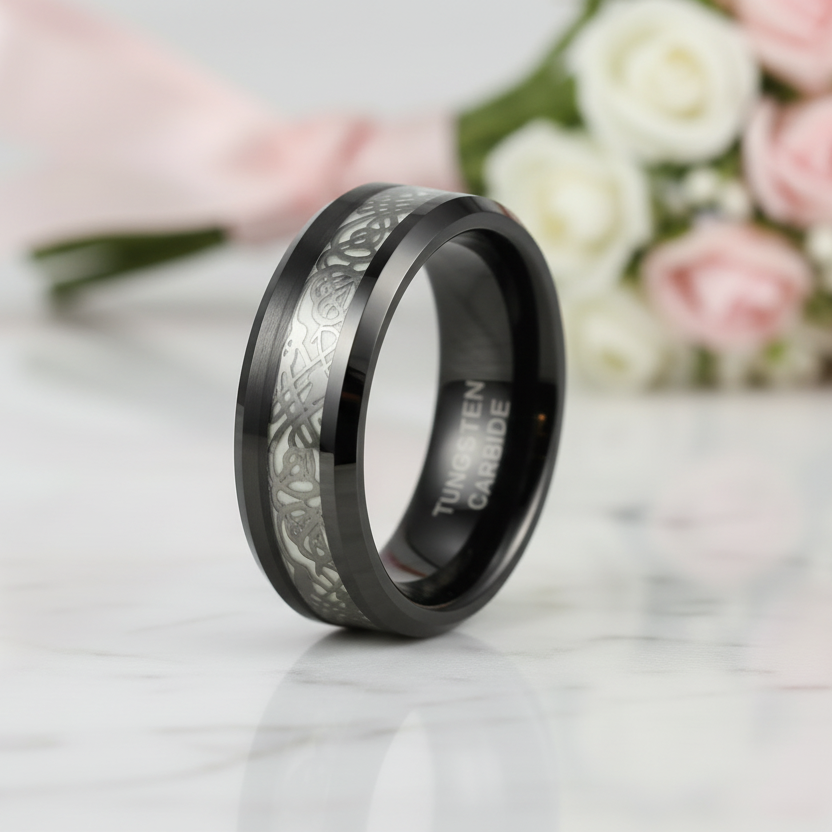 Luminous Dragon Inlay Men's Tungsten Wedding Band-Black Diamonds New York