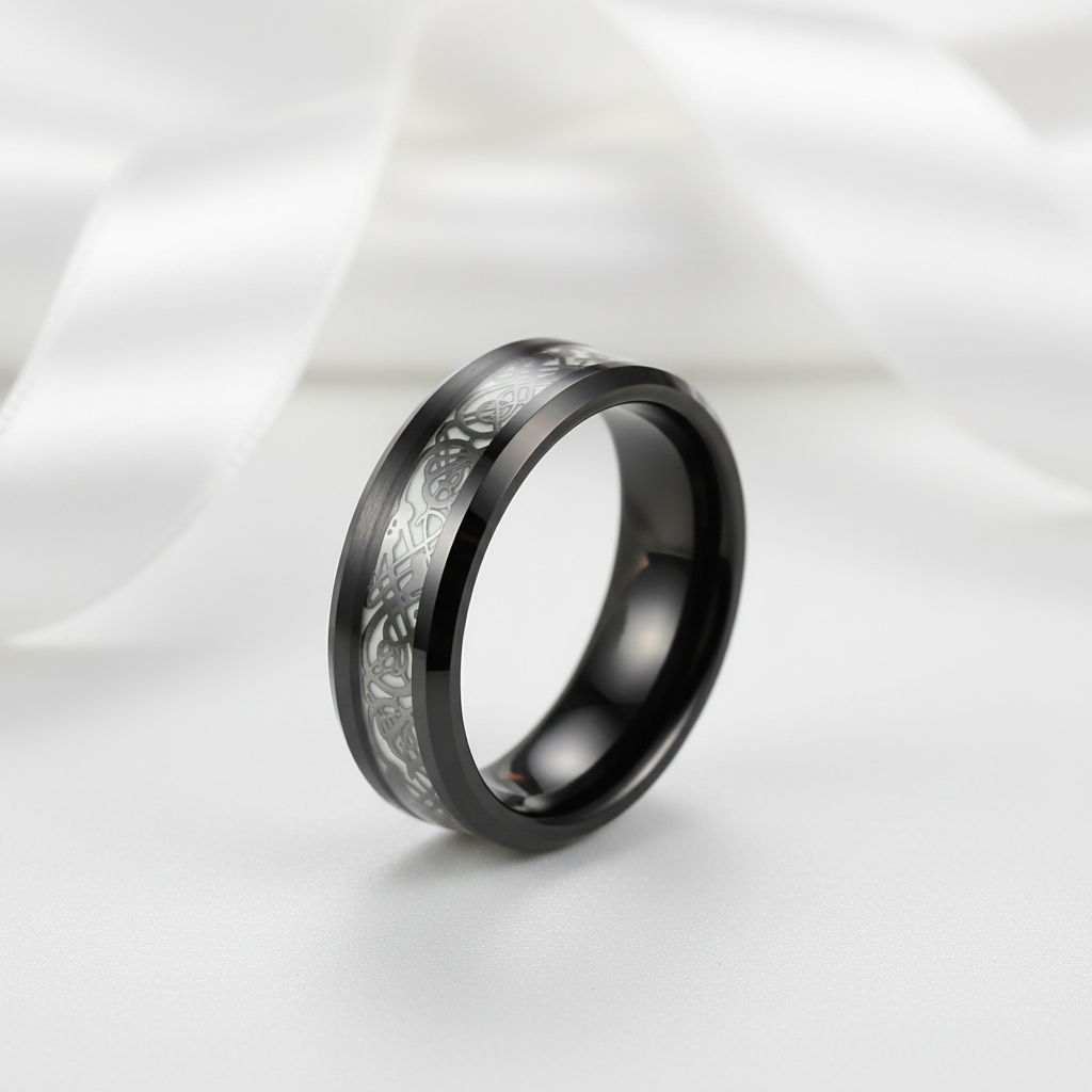 Luminous Dragon Inlay Men's Tungsten Wedding Band-Black Diamonds New York