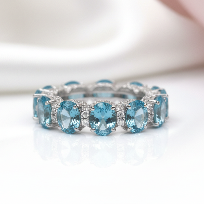 Luxurious Aquamarine Blue Simulated Diamond Option Wedding Band-Black Diamonds New York