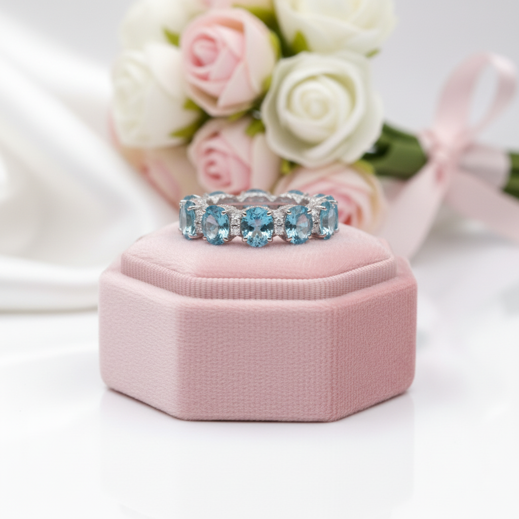 Luxurious Aquamarine Blue Simulated Diamond Option Wedding Band-Black Diamonds New York