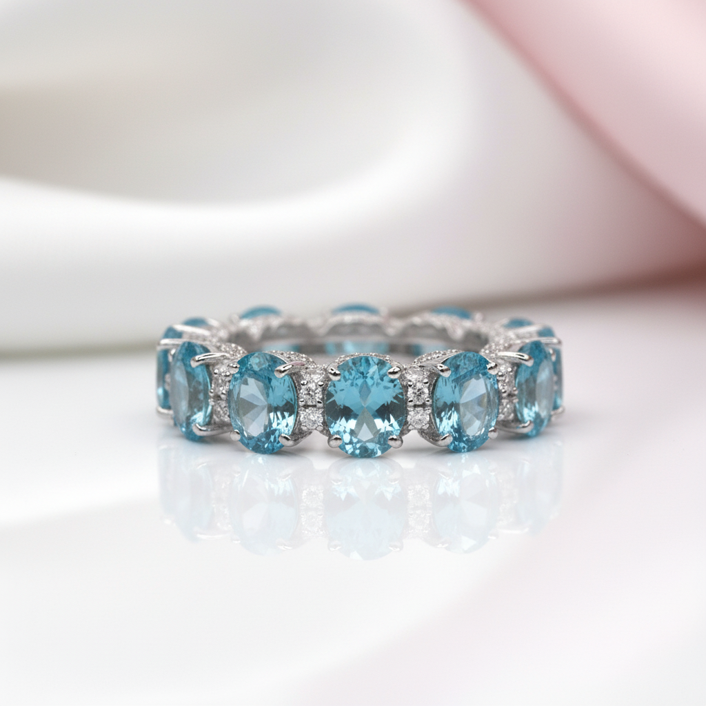Luxurious Aquamarine Blue Simulated Diamond Option Wedding Band-Black Diamonds New York