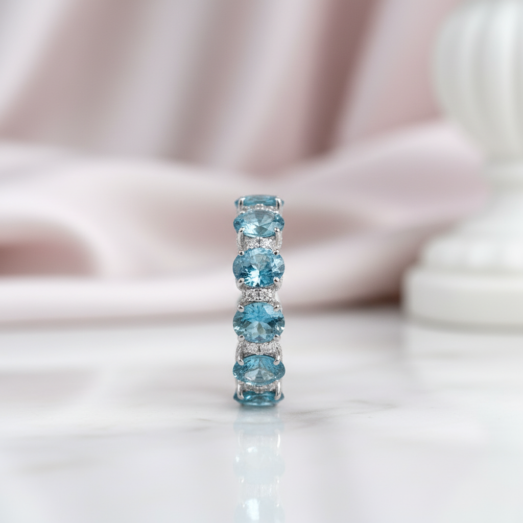 Luxurious Aquamarine Blue Simulated Diamond Option Wedding Band-Black Diamonds New York