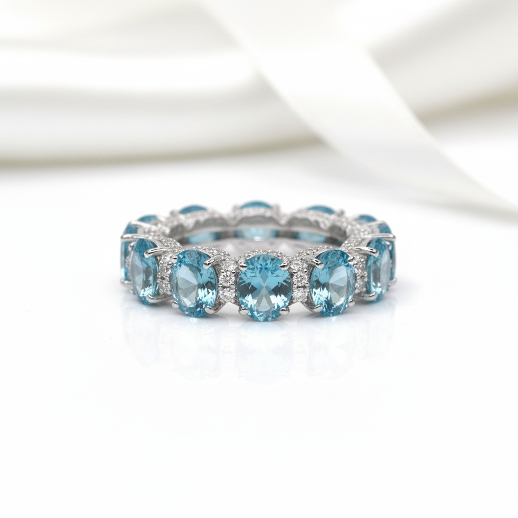Luxurious Aquamarine Blue Simulated Diamond Option Wedding Band-Black Diamonds New York