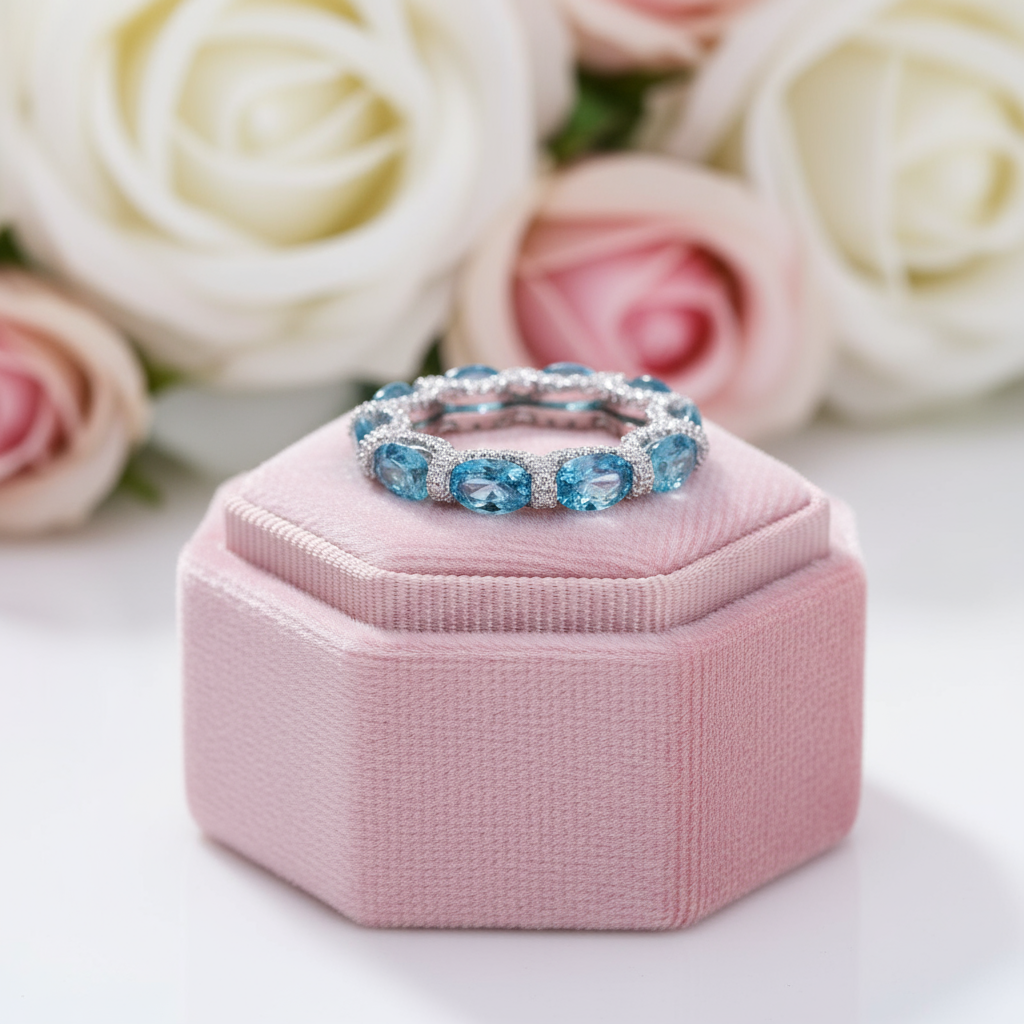 Luxurious Aquamarine Blue Simulated Diamond Wedding Band-Black Diamonds New York