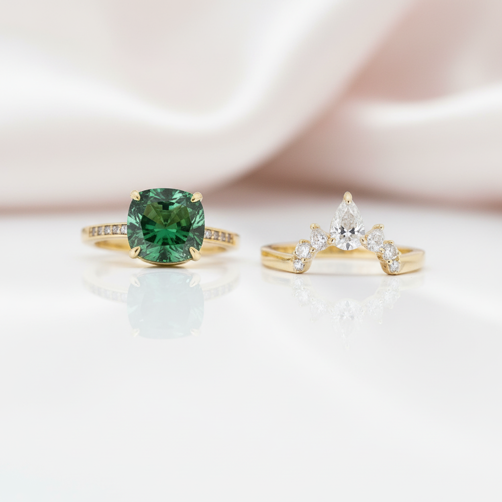 Luxurious Emerald Green Cushion Cut Wedding Ring Set-Black Diamonds New York