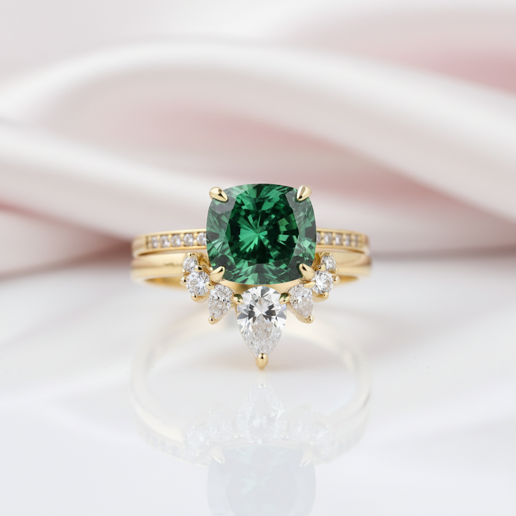 Luxurious Emerald Green Cushion Cut Wedding Ring Set-Black Diamonds New York