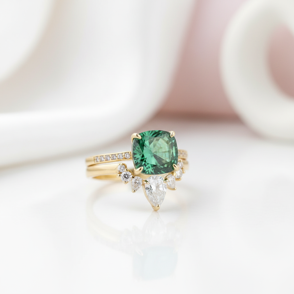Luxurious Emerald Green Cushion Cut Wedding Ring Set-Black Diamonds New York