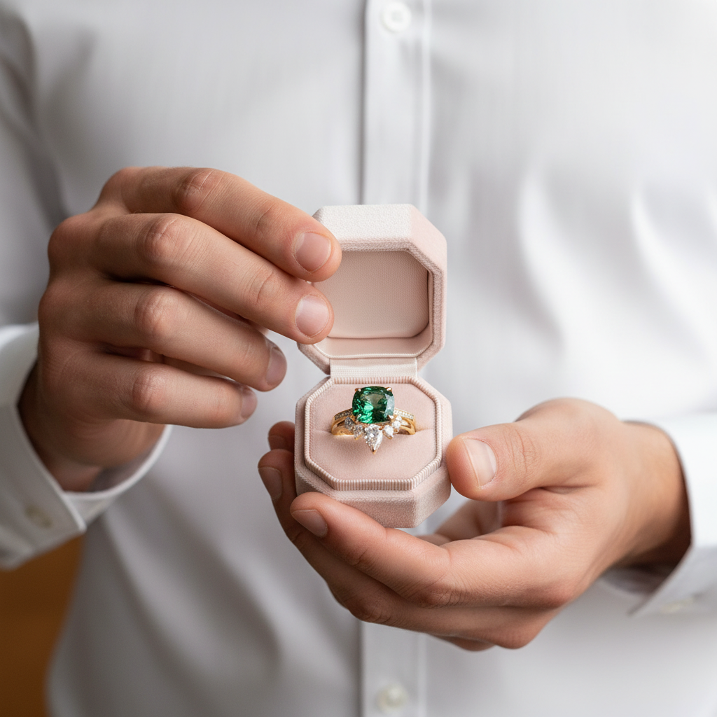 Luxurious Emerald Green Cushion Cut Wedding Ring Set-Black Diamonds New York