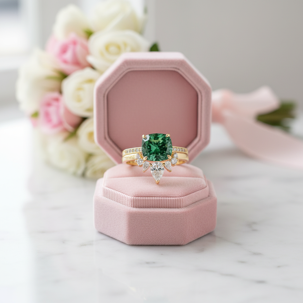 Luxurious Emerald Green Cushion Cut Wedding Ring Set-Black Diamonds New York