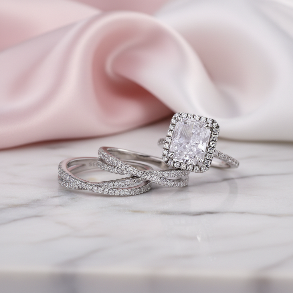 Luxurious Halo Radiant Cut Simulated Diamond Option Ring Set-Black Diamonds New York