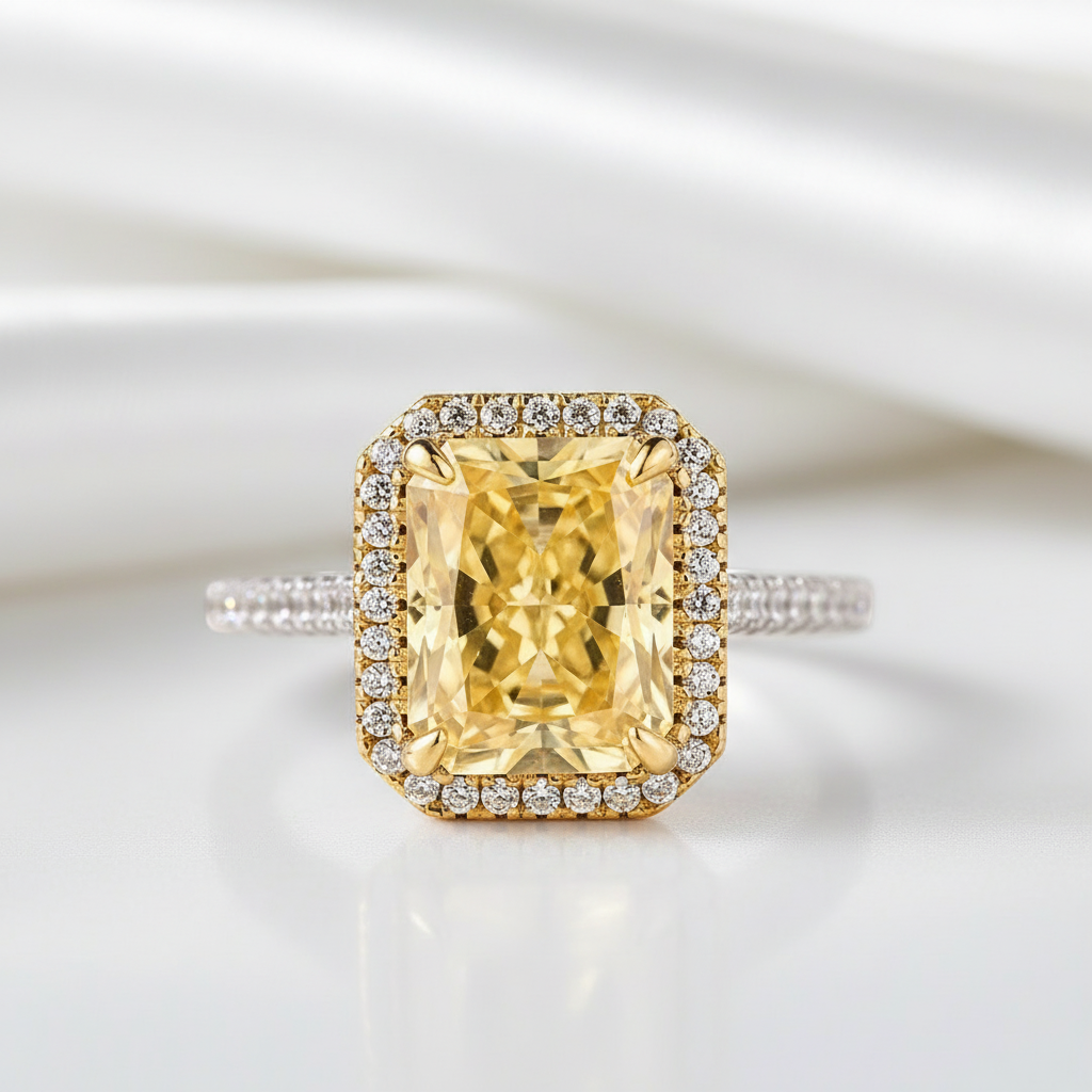 Luxurious Halo Radiant Cut Yellow Sapphire Engagement Ring-Black Diamonds New York